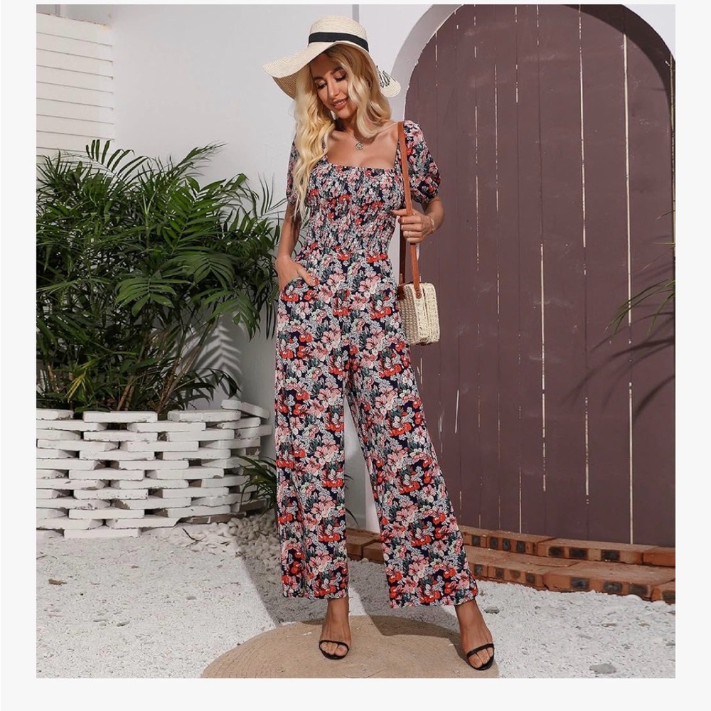 Floral Square-Neck Jumpsuit in Navy & Coral